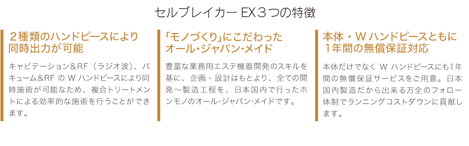 セルブレイカーEX3つの特徴 2種類のハンドピース オール・ジャパン・メイド 無償保証対応