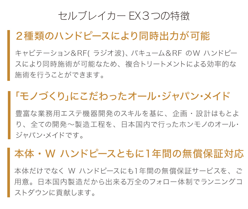 セルブレイカーEX3つの特徴 2種類のハンドピース オール・ジャパン・メイド 無償保証対応
